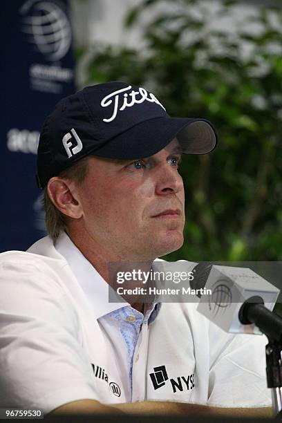 Steve Stricker address the media after the second practice round prior to the start of the Accenture Match Play Championship at the Ritz-Carlton Golf...