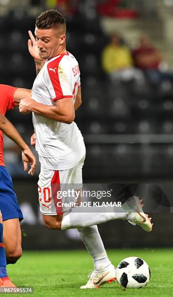 Serbia's Sergej Milinkovic Savic plays the ball during the international friendly football match Serbia v Chile at the Merkur Arena in Graz, Austria...