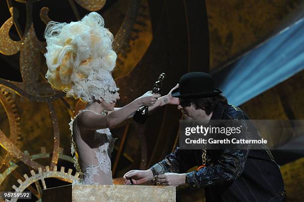 Lady Gaga and Jonathan Ross on stage at The Brit Awards 2010 at Earls Court on February 16, 2010 in London, England.