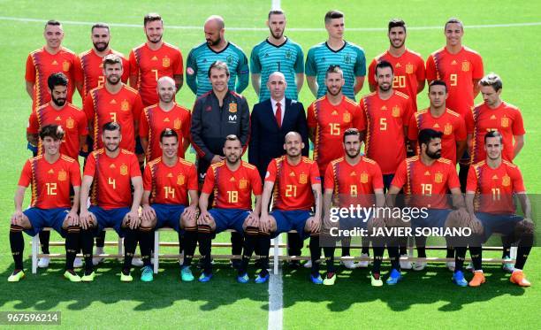 Spain's national football team squad pose at Las Rozas de Madrid sports city on June 5, 2018. Spain's forward Iago Aspas, Spain's defender Dani...