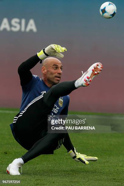 Argentina's goalkeeper Wilfredo Caballero attends a training session at the FC Barcelona 'Joan Gamper' sports centre in Sant Joan Despi near...