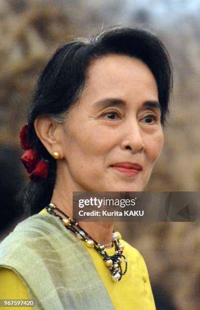 Myanmar opposition leader Aung San Suu Kyi at Japan National Press Club on April 17, 2013 in Tokyo Japan.