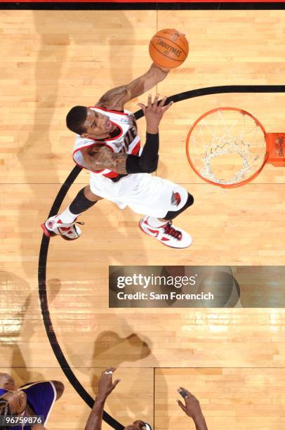 LaMarcus Aldridge of the Portland Trail Blazers shoots a layup during the game against the Los Angeles Lakers at The Rose Garden on February 6, 2010...