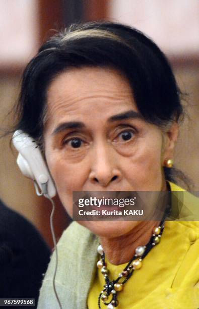 Myanmar opposition leader Aung San Suu Kyi at Japan National Press Club on April 17, 2013 in Tokyo Japan.