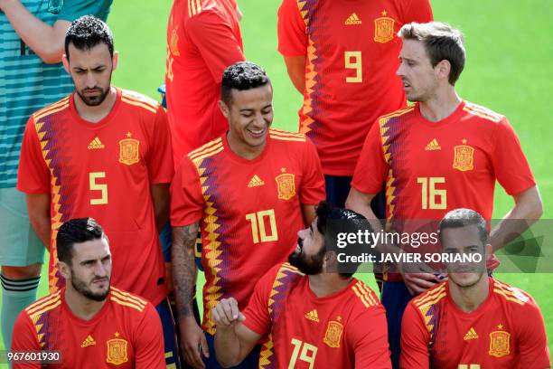 Spain's defender Sergio Busquets, Spain's midfielder Thiago, Spain's defender Nacho Monreal Spain's midfielder Koke, Spain's forward Diego Costa and...