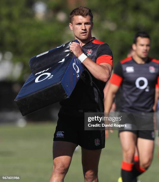 Henry Slade looks on during the England training session held at Kings Park Stadium on June 5, 2018 in Durban, South Africa.