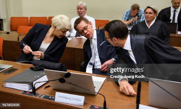 Anja Sturm, Wolgang Heer and Wolgang Stahl, lawyers of main defendant Beate Zschaepe, prepare for their pleas as Holger G. Looks on during the trial...