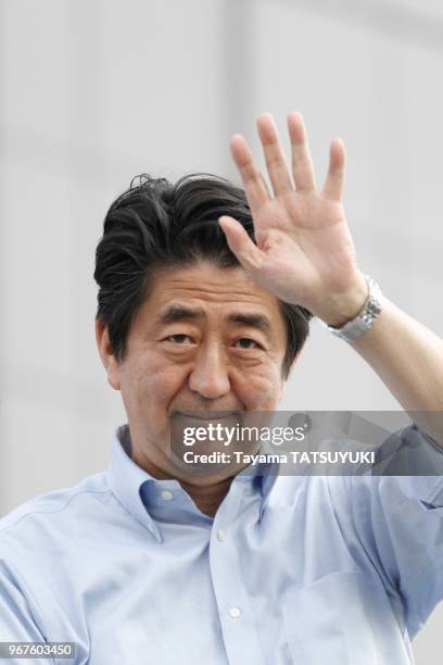 Japan's Prime Minister and ruling Liberal Democratic Party leader Shinzo Abe delivers a speech during a campaign for the July 21 Upper House election...