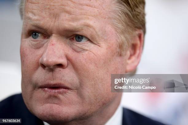 Ronald Koeman, head coach of Netherlands, looks on prior to the International Friendly football match between Italy and Netherlands. The match ended...