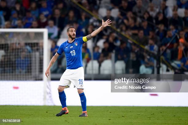 Leonardo Bonucci of Italy gestures during the International Friendly football match between Italy and Netherlands. The match ended in a 1-1 tie.