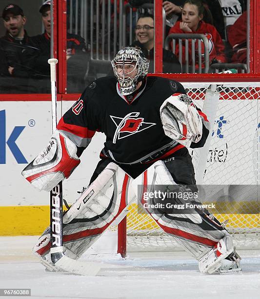 Justin Peters of the Carolina Hurricanes stands tall in the crease and prepares to make a save during a NHL game against the New Jersey Devils on...