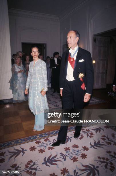 Anne-Aymone Giscard d'Estaing et Valéry Giscard d'Estaing lors d'une réception à Washington le 17 mai 1976, USA.