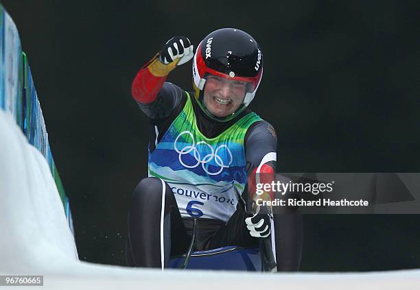 Tatjana Huefner of Germany celebrates after competing in the Luge Women's Singles on day 5 of the 2010 Winter Olympics at Whistler Sliding Centre on...