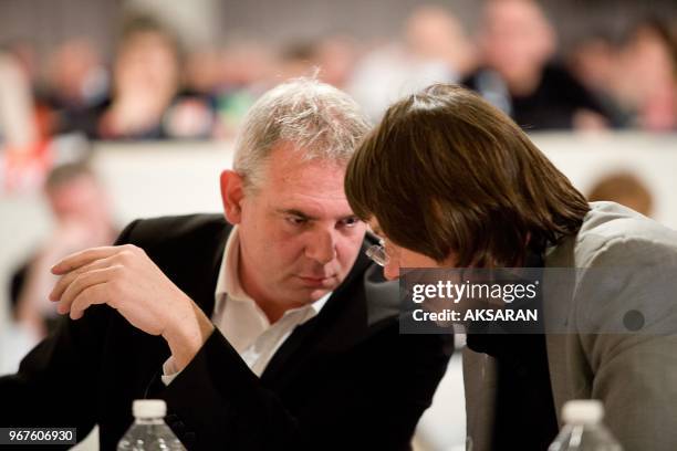 Thierry Lepaon newly designated general secretary of CGT unions next with Bernard Thibault on the 50 th National Congress in Toulouse southern France...