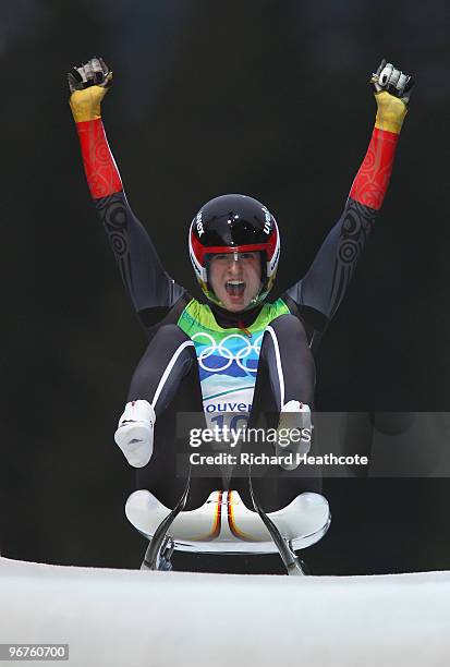 Natalie Geisenberger of Germany celebrates after competing in the Luge Women's Singles on day 5 of the 2010 Winter Olympics at Whistler Sliding...