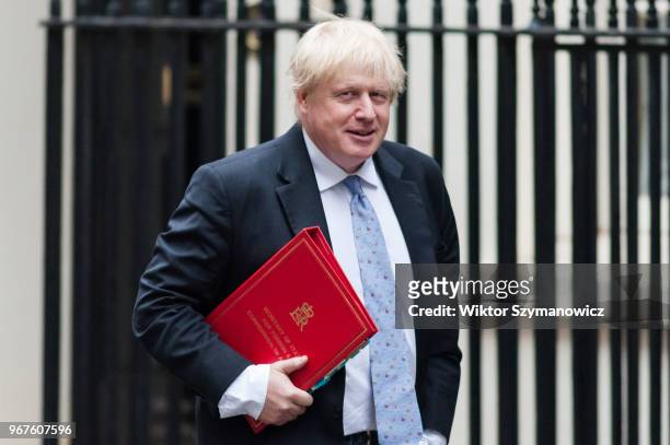 Secretary of State for Foreign and Commonwealth Affairs Boris Johnson arrives for a weekly cabinet meeting at 10 Downing Street in central London....