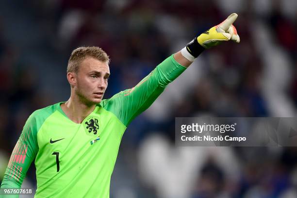 Jasper Cillessen of Netherlands gestures during the International Friendly football match between Italy and Netherlands. The match ended in a 1-1 tie.
