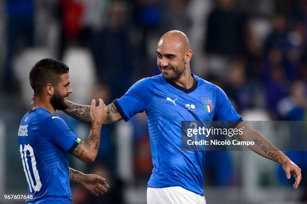 Simone Zaza of Italy celebrates with Lorenzo Insigne of Italy after scoring a goal during the International Friendly football match between Italy and...