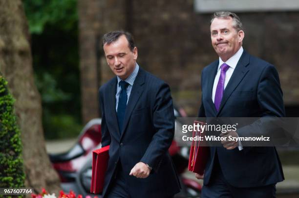 Secretary of State for Wales Alun Cairns and Secretary of State for International Trade and President of the Board of Trade Liam Fox arrive for a...