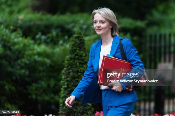 Chief Secretary to the Treasury Elizabeth Truss arrives for a weekly cabinet meeting at 10 Downing Street in central London. June 05, 2018 in London,...