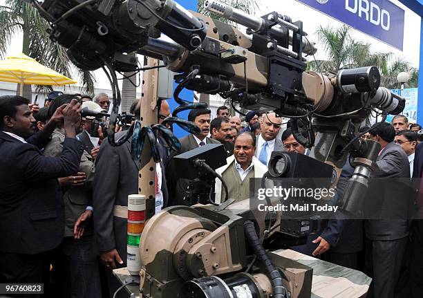 Defence Minister A. K. Antony visits the Defence Research and Development Organisation pavilion at the Defence Expo India 2010 at Pragati Maidan in...
