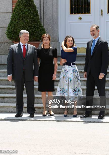 King Felipe VI of Spain and Queen Letizia of Spain receive Ukrainian President Petro Poroshenko and wife Maryna Poroshenko at Zarzuela Palace on June...