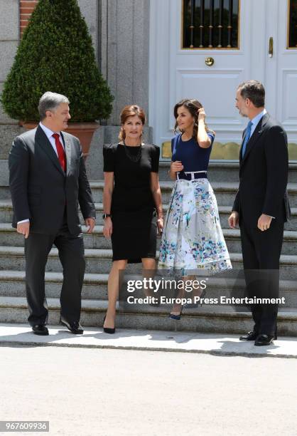 King Felipe VI of Spain and Queen Letizia of Spain receive Ukrainian President Petro Poroshenko and wife Maryna Poroshenko at Zarzuela Palace on June...