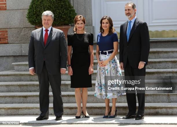 King Felipe VI of Spain and Queen Letizia of Spain receive Ukrainian President Petro Poroshenko and wife Maryna Poroshenko at Zarzuela Palace on June...