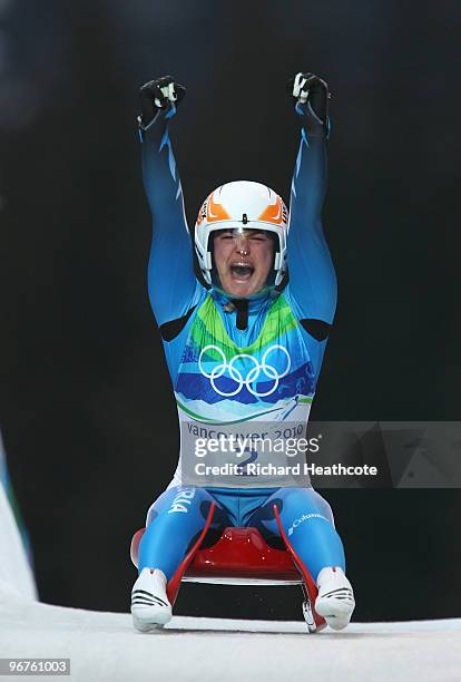 Nina Reithmayer of Austria celebrates after competing in the Luge Women's Singles on day 5 of the 2010 Winter Olympics at Whistler Sliding Centre on...