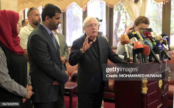 The United Nations Special Envoy to Yemen Martin Griffiths speaks to the press before his departure at Sanaa international airport, on June 5, 2018.