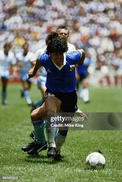 Diego Maradona of Argentina in action during the 1986 FIFA World Cup Quarter Final on 22 June 1986 at the Azteca Stadium in Mexico City, Mexico....