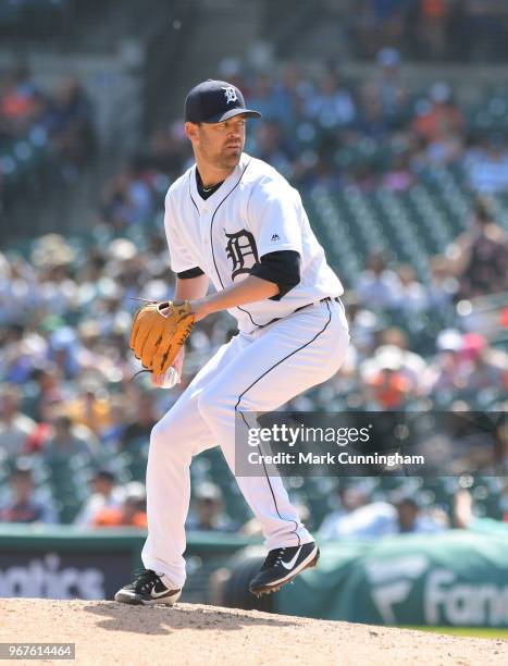 Louis Coleman of the Detroit Tigers pitches during the game against the Los Angeles Angels of Anaheim at Comerica Park on May 31, 2018 in Detroit,...