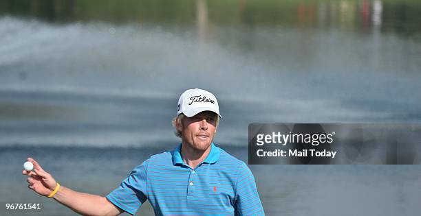 Australian Golfer Andrew Dodt with the Avantha Masters trophy at the DLF Golf and Country Club on Sunday, February 14, 2010.