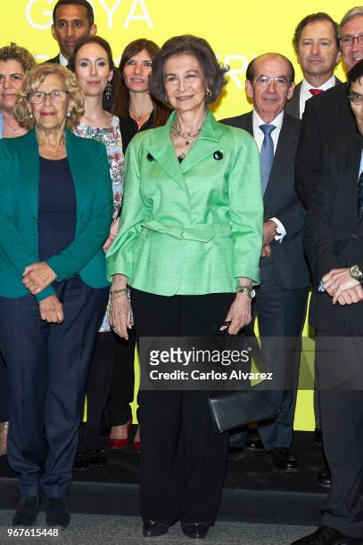 Queen Sofia and Mayor of Madrid Manuela Carmena attend 'Fundacion ONCE' Contemporary Art Biennale exhibition at Cibeles Palace on June 5, 2018 in...