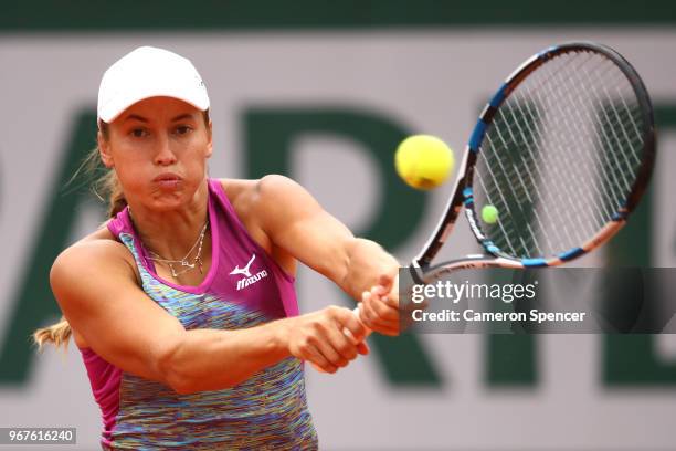 Yulia Putintseva of Kazhakstan plays a backhand during the ladies singles quarter finals match against Madison Keys of The United States during day...