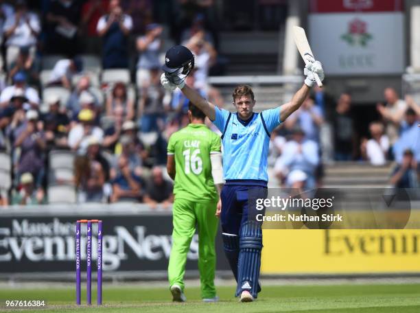 David Willey of Yorkshire raises his bat after scoring 100 runs during the Royal London One Day Cup match between Lancashire and Yorkshire Vikings at...