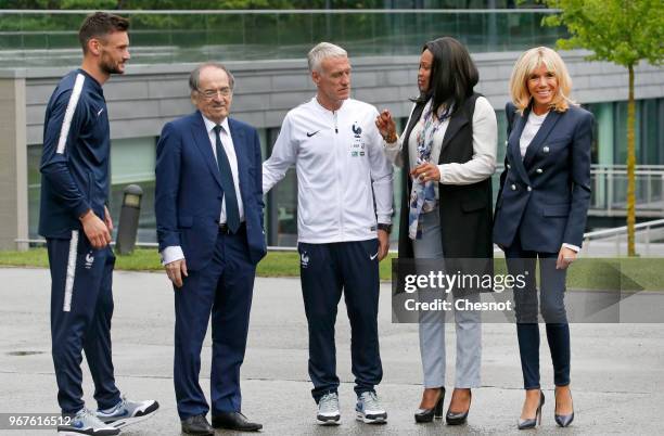 Wife of French President Brigitte Macron poses with French Sports Minister Laura Flessel , French Football Federation President Noel Le Graet,...