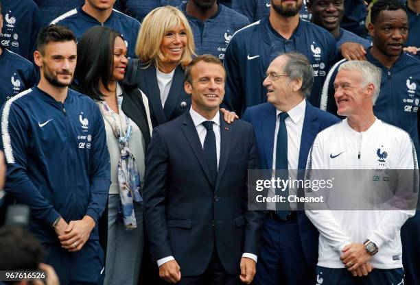 French President Emmanuel Macron , his wife Brigitte Macron , French Sports Minister Laura Flessel , French Football Federation President Noel Le...