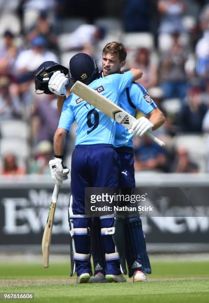 Adam Lyth hugs David Willey of Yorkshire after he scored 100 runs during the Royal London One Day Cup match between Lancashire and Yorkshire Vikings...