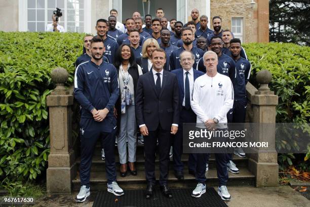 French President Emmanuel Macron , his wife Brigitte Macron , French Sports Minister Laura Flessel and French Football Federation President Noel Le...