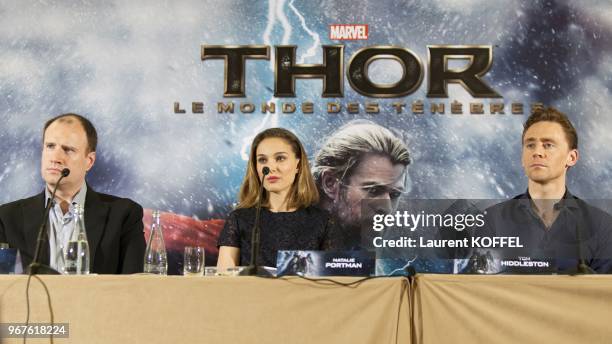 Alan Taylor, Natalie Portman et Tom Hiddleston assistent a la conference de presse du film 'Thor, le monde des tenebres' le 24 octobre 2013 a l'hotel...