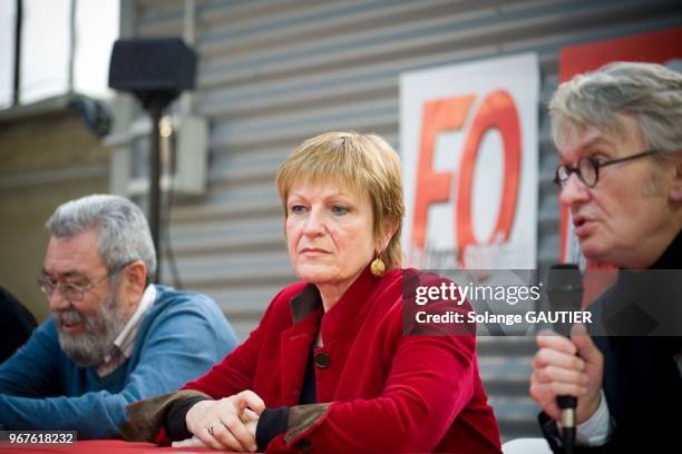 Anne Demelenne, Candido Mendez and Jean Claude Mailly attend at 'FO' meeting against austerity in espace Freyssinet on Janury 24, 2013 in Paris,...