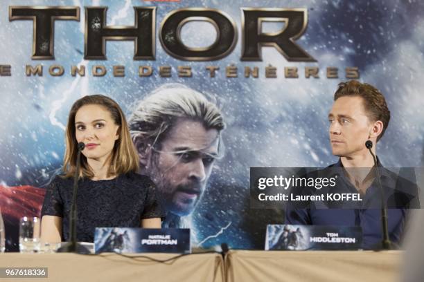 Natalie Portman et Tom Hiddleston assistent a la conference de presse du film 'Thor, le monde des tenebres' le 24 octobre 2013 a l'hotel Park Hyatt...