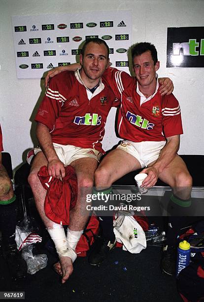 Scott Quinnell and Rob Howley of British Lions in happy mood after the Australia v British Lions match as part of the Lions Tour to Australia, played...