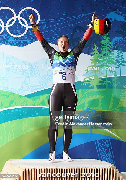 Tatjana Huefner of Germany celebrates winning the gold medal in the Luge Women's Singles on day 5 of the 2010 Winter Olympics at Whistler Sliding...