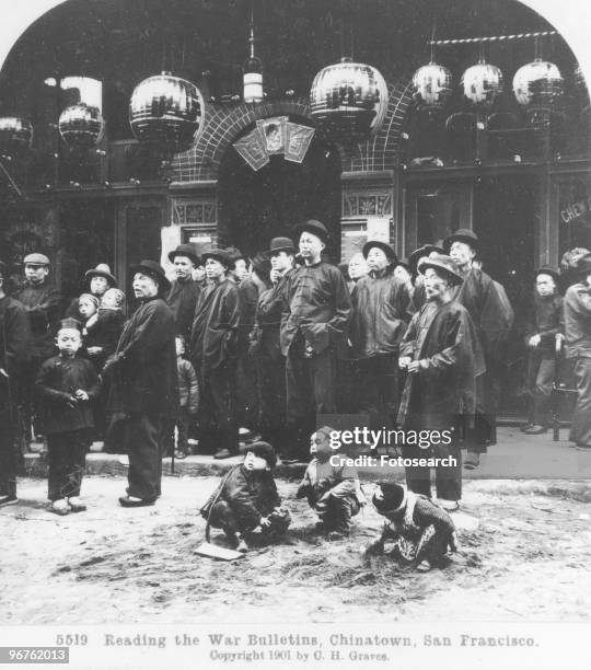 Photograph of Chinese Males Reading War Bulletins in Chinatown, San Francisco circa 1901.