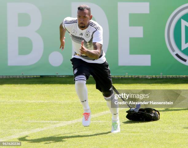 Jerome Boateng during a training session of the German national team at Sportanlage Rungg on day fourteen of the Southern Tyrol Training Camp on June...