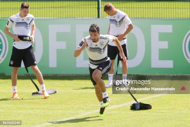 Mats Hummels during a training session of the German national team at Sportanlage Rungg on day fourteen of the Southern Tyrol Training Camp on June...