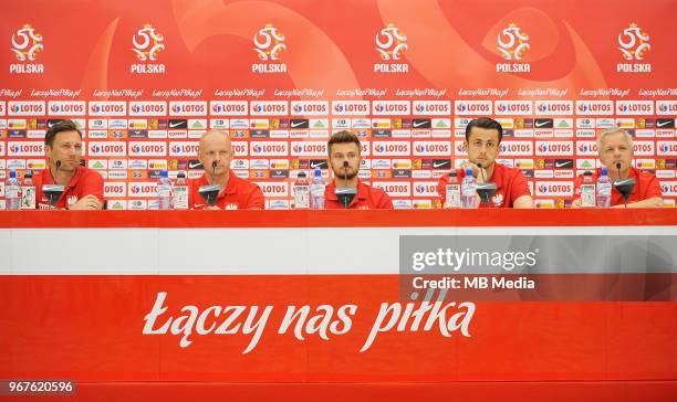 Jakub Kwiatkowski, Hubert Malowiejski, Karol Linetty, Lukasz Fabianski and Jacek Jaroszewski of Poland during press conference at Arlamow Hotel...