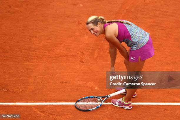 Yulia Putintseva of Kazhakstan reacts to a call during the ladies singles quarter finals match against Madison Keys of The United States during day...